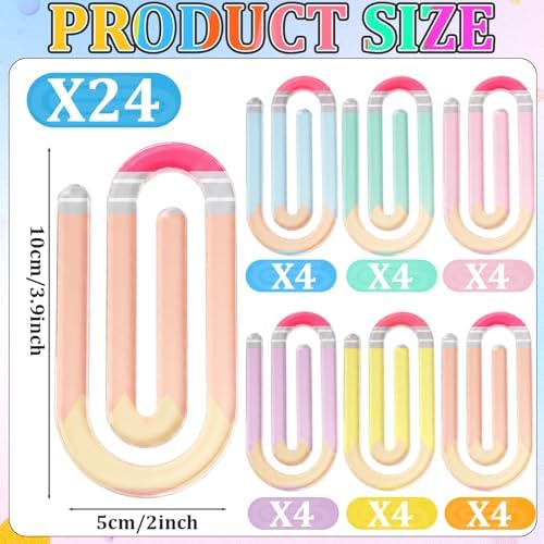 AmazingSpark 24 Pcs Acrylic Paper Clips for Teacher, Pastel Pencil
