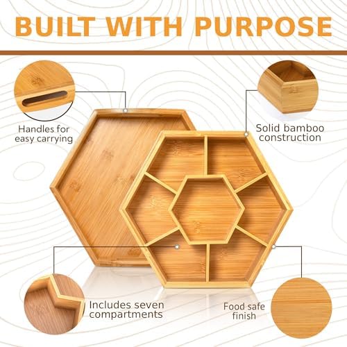 Snack and Serving Tray Set – 13" Divided Bamboo Appetizer Platter for