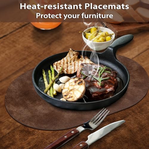 ADRIMER Oval Placemats Set of 12, Wipeable Faux Leather, Brown