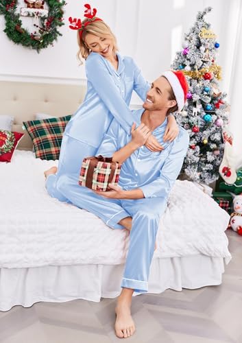 Ekouaer Couples Matching Pajamas Silk Long Sleeve Sleepwear Satin Pjs