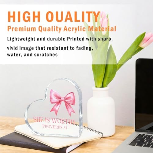 Encouragement Gifts for Women, Pink Bow Heart Acrylic Christian Desk