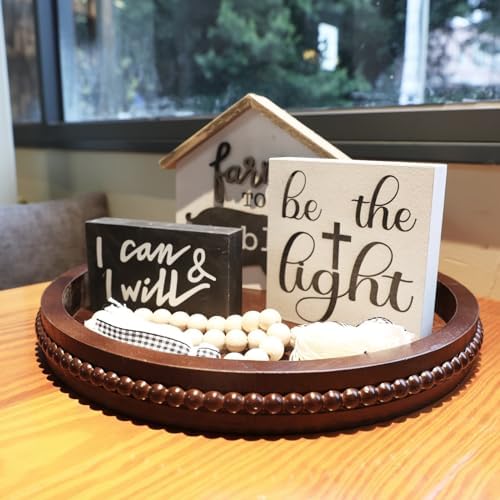 Hrastany Round Wood Decorative Serving Tray for Coffee Table, Dark