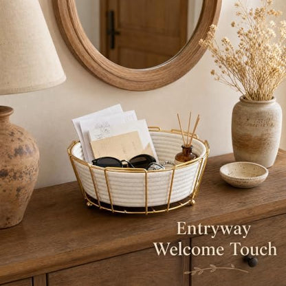 Gold Metal Woven Round Blanket Basket, Decorative Shelf Storage