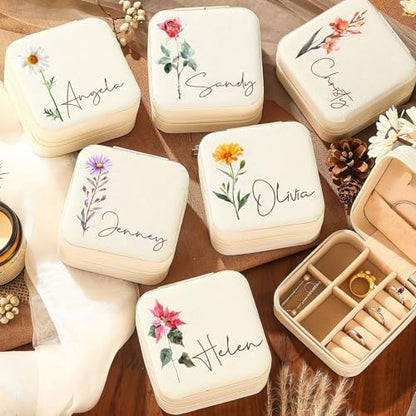 DayOfShe Personalized Travel Jewelry Box with Name and Birth Flower