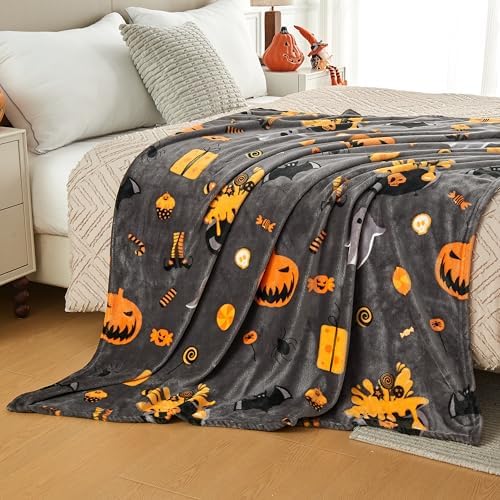 Edenleaf Halloween Blanket with Spooky Pumpkin Bat Ghost Spider Print