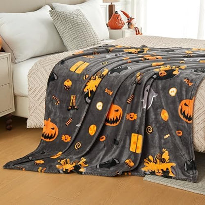 Edenleaf Halloween Blanket with Spooky Pumpkin Bat Ghost Spider Print