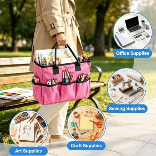 ZKOO Art Craft Organizer Tote Bag, Desktop Tote and Organizer Pink