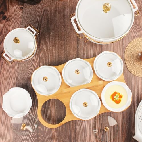 Ceramic Serving Dishes with glass Lids and Bamboo Platter, 6 Removable