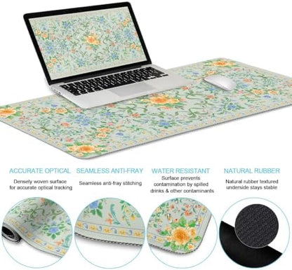LIMKRIAN Floral Desk Mat Set, Cute Green Mouse Pad with Gel Wrist Rest