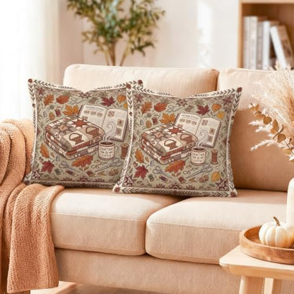 Cozy Autumn Reading Nook Quote Leaves Throw Pillow Covers 16x16 Set of