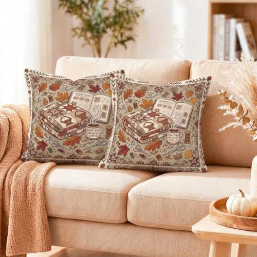 Cozy Autumn Reading Nook Quote Leaves Throw Pillow Covers 14x14 Set of