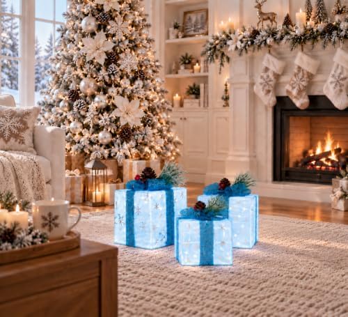 Set of 3 Snowflake Lighted Boxes, Blue
