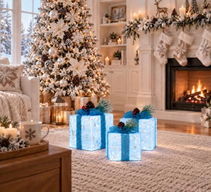Set of 3 Snowflake Lighted Boxes, Blue