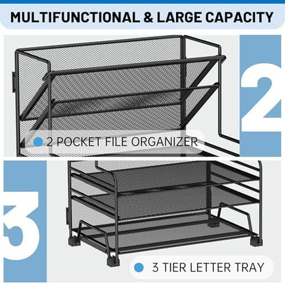 Desk File Organizer, 3-Tier Letter Tray Paper Organizer and 2-Pocket