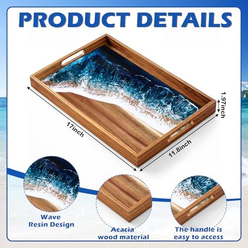Novabright Rectangular Acacia Wood Serving Tray with Ocean Resin Art