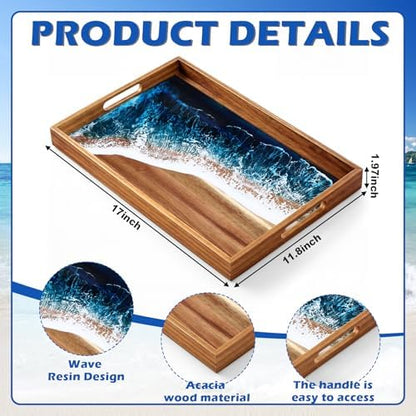 Novabright Rectangular Acacia Wood Serving Tray with Ocean Resin Art