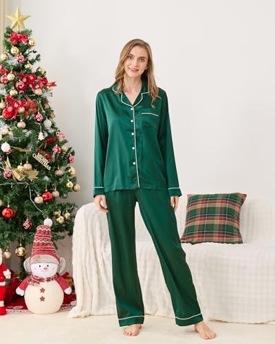 Satin Family Christmas Pajamas Set Button Down Matching Holiday PJs