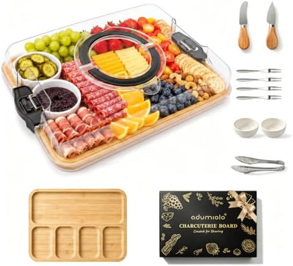 Bamboo Charcuterie Board with Lid, Portable 5-Compartment Tray