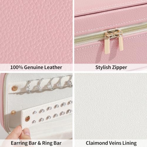 Genuine Leather Travel Jewelry Organizer Case with 6 Zipper Bags for