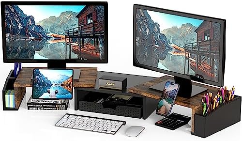 Simple Houseware Desk Dual Monitor Stand Riser with Drawer, Rustic