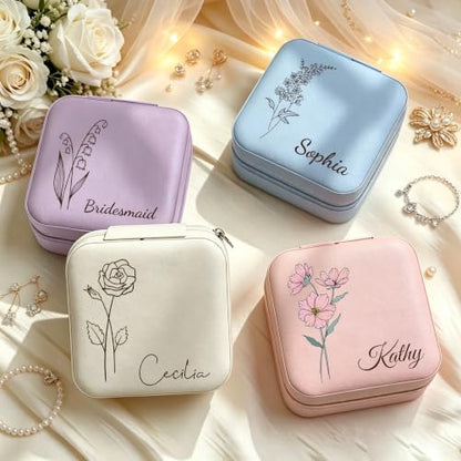 Ships Next Day, Custom Travel Jewelry Box with Name Birth Flower