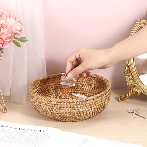 BTSKY 9.3" Round Rattan Remote Basket, Wicker Tray, Key Bowl for Home