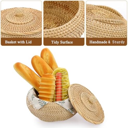 Hipiwe Round Rattan Boxes with Lid Natural Woven Picnic Storage Basket