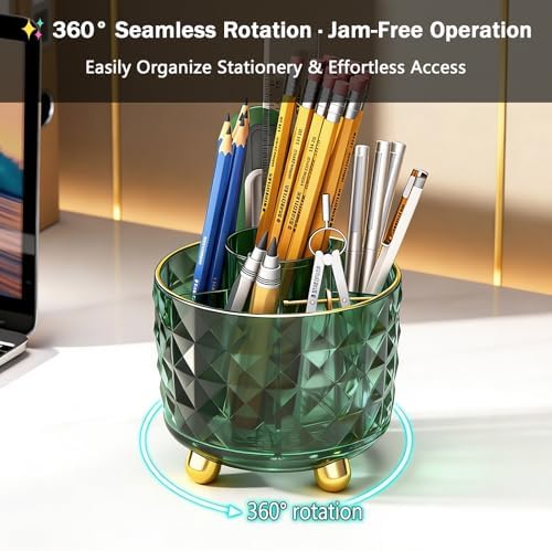 GOTOBA Dark Green Pen Pencil Holder for Desk, 360° Rotating Pen