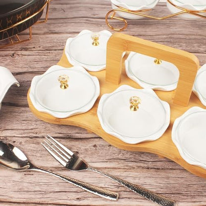 Ceramic Serving Dishes with glass Lids and Bamboo Platter, 6 Removable