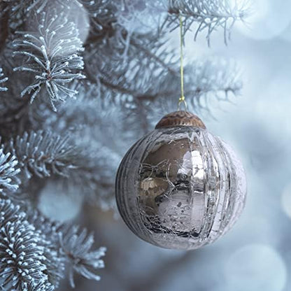Set of 4 Silver Mercury Glass Ornaments (3.15" Grooved Crackle Ball)