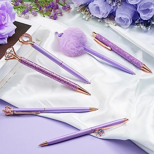 WEMATE 8Pcs Purple Pens, Metal Crystal Diamond Pens with Black & Blue