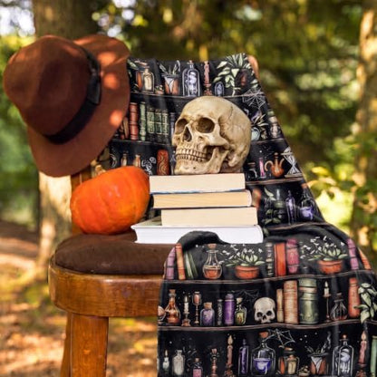 Halloween Skull Bookshelf Throw Blanket Soft Flannel Cozy Gothic