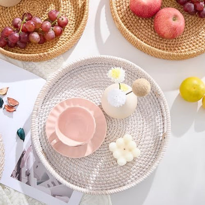 Round Rattan Serving Tray,Hand-Woven Tray with Handles, Ottoman