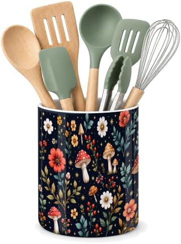 Navy Woodland Mushrooms Ceramic Kitchen Utensil Holder 6.3"