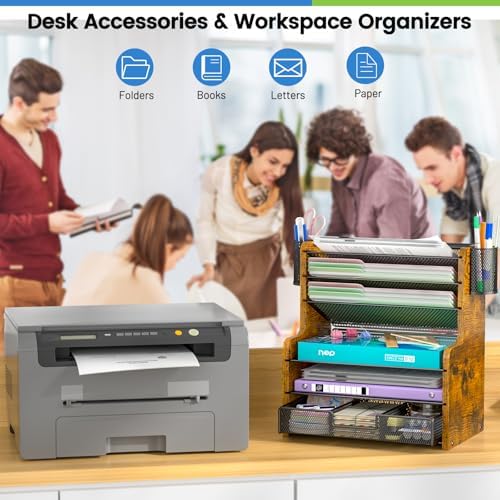 DAOUTIME 6-Tier Mesh Desk Organizer with Drawer, Wooden Office