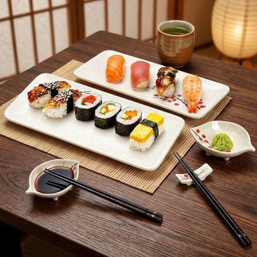 Pumtus 8 Pcs Ceramic Sushi Plate Set, Floral Japanese Serving Dishes