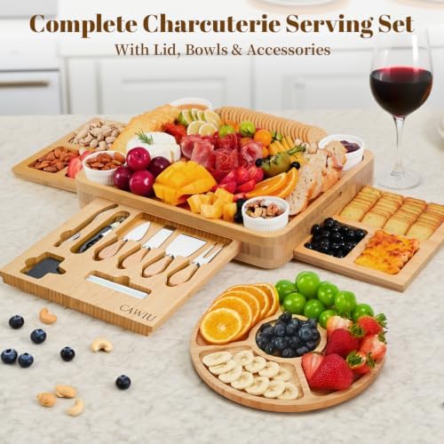 CAWIU Large Bamboo Charcuterie Board Set with Lid, Drawers, Black