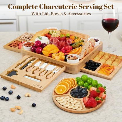 CAWIU Large Bamboo Charcuterie Board Set with Lid, Drawers, Black