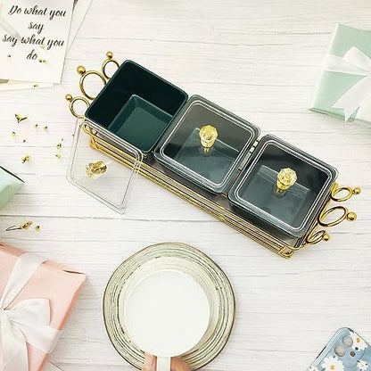 YA JU Ceramic Bowls and with Lid Gold Basket Trays, 3 Removable Small