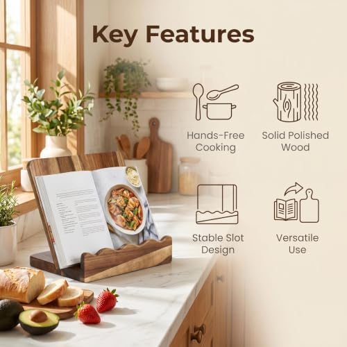 Scalloped Acacia Wood Cookbook Stand, Recipe Book Holder Keeps Pages