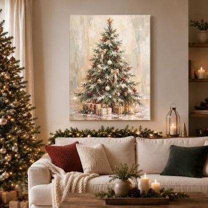 Christmas Canvas Wall Art, Snowy Christmas Tree Gift Boxes Canvas