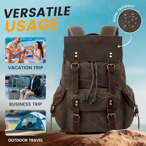 HuaChen Vintage Waxed Canvas Backpack with Genuine Leather Flap
