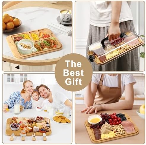Charcuterie Board with Clear Lid, Double-Sided Bamboo Cheese Board