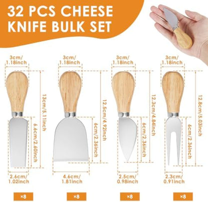 32 Pcs Cheese Knife Set Bulk, Stainless Steel Spreaders Cutters Forks