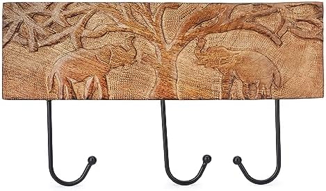 Ajuny Wooden Cloth Hooks Wall Mounted Coat Rack 3 Hooks with Carving