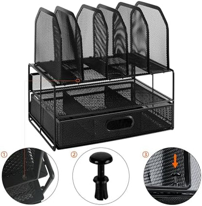 Amazon Basics Mesh Desk Organizer with Sliding Drawer, Double Tray and