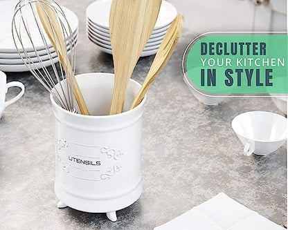 Comfify French White Ceramic Utensil Crock – French Country – Scroll