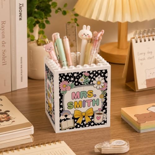 Personalized Pen Holder for Desk, Floral Building Blocks Gifts for