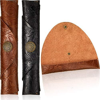 Zonon 2 Pieces Vintage Handmade Leather Pen Case Carved Roll Leather