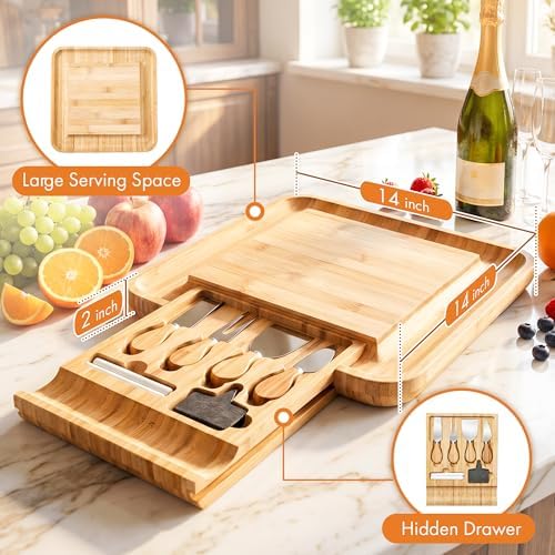 Bamboo Charcuterie Board Set, 13 Inch Cheese Board with Knives, Sauce